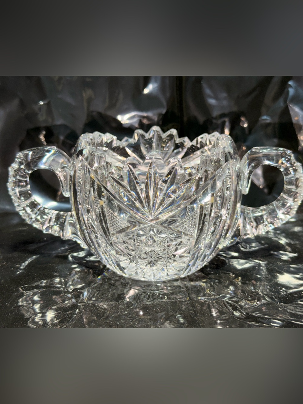 Cut Glass Sugar Bowl With Double Handles Starburst Design Vintage